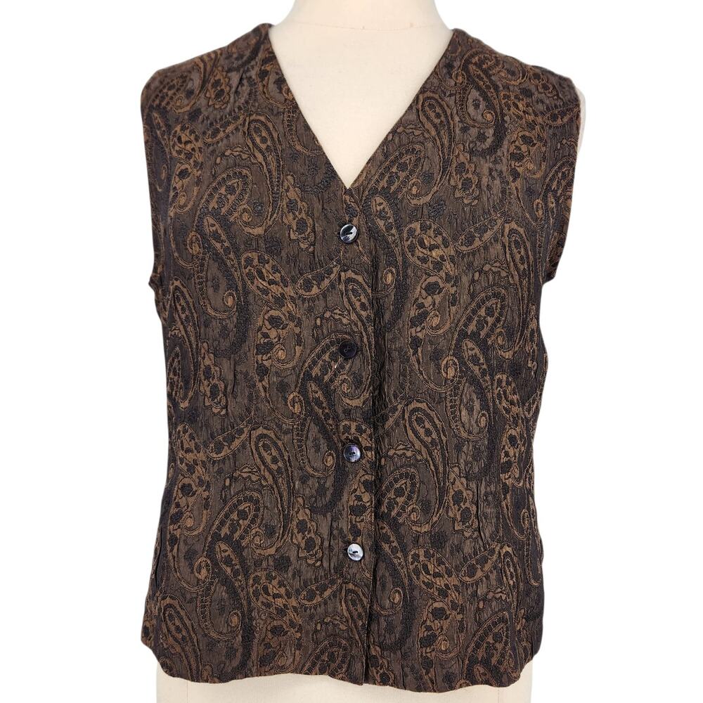 Chico’s Brown Paisley Sparkle Vest – Deep V-Neck with Button Front